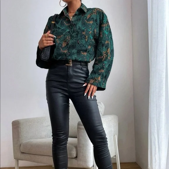 Boho Floral Paisley Print Button Down Shirt Top Blouse Green - Picture 3 of 5